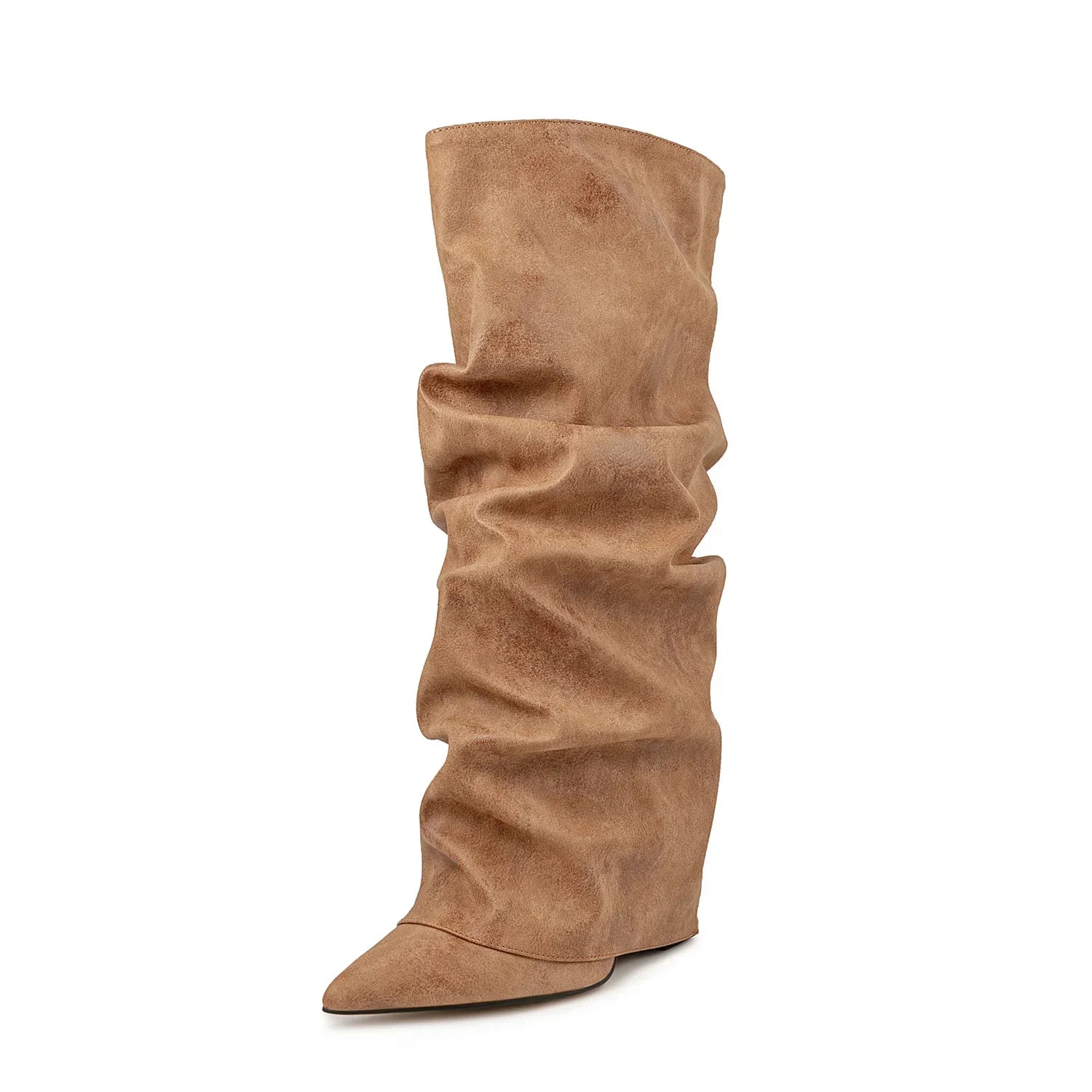 LUXE - מגפים דמוי זמש בגזרה מכווצת גובה ברך