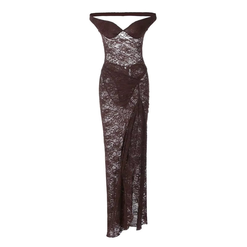 DANA – סט תחרה בגד גוף וחצאית נשפכת שקוף